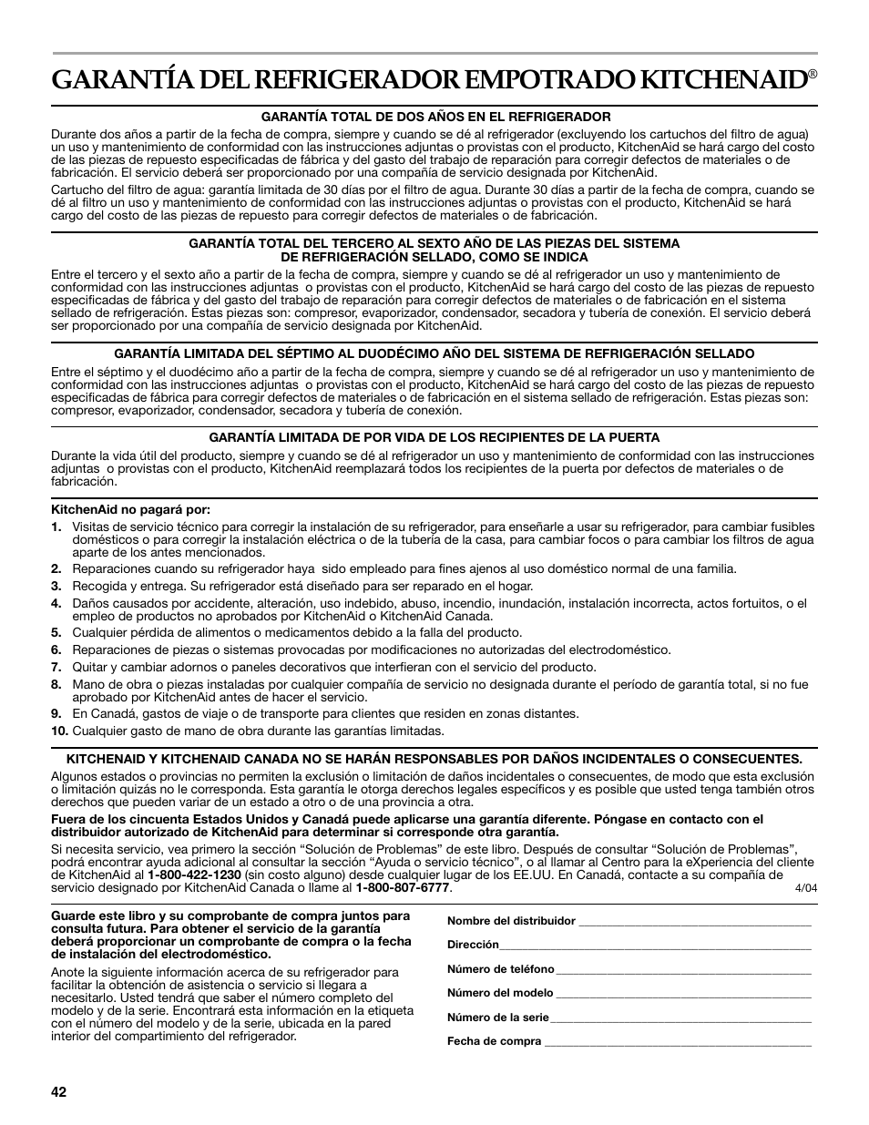 Garantía del refrigerador empotrado kitchenaid | KITCHENAID BUILT-IN REFRIGERATOR User Manual | Page 42 / 64