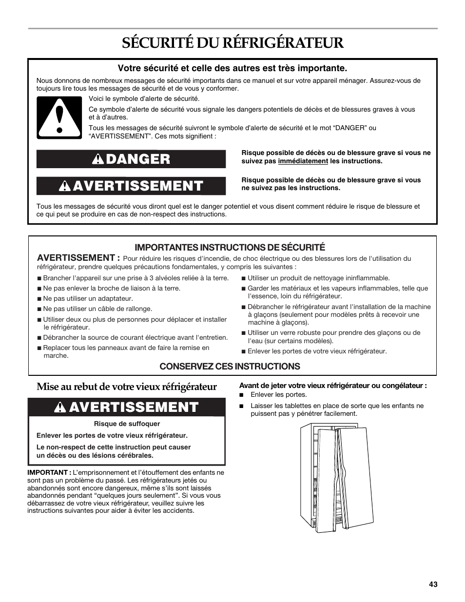 Sécurité du réfrigérateur, Avertissement danger, Mise au rebut de votre vieux réfrigérateur | Avertissement | KITCHENAID BUILT-IN REFRIGERATOR User Manual | Page 43 / 64