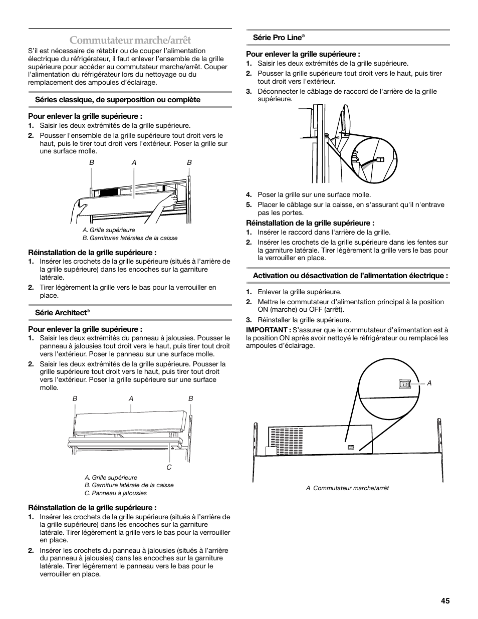 Commutateur marche/arrêt | KITCHENAID BUILT-IN REFRIGERATOR User Manual | Page 45 / 64