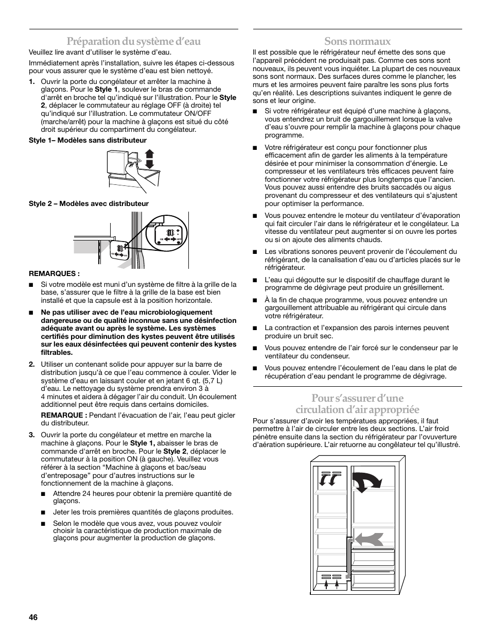 Préparation du système d’eau, Sons normaux, Pour s’assurer d’une circulation d’air appropriée | KITCHENAID BUILT-IN REFRIGERATOR User Manual | Page 46 / 64