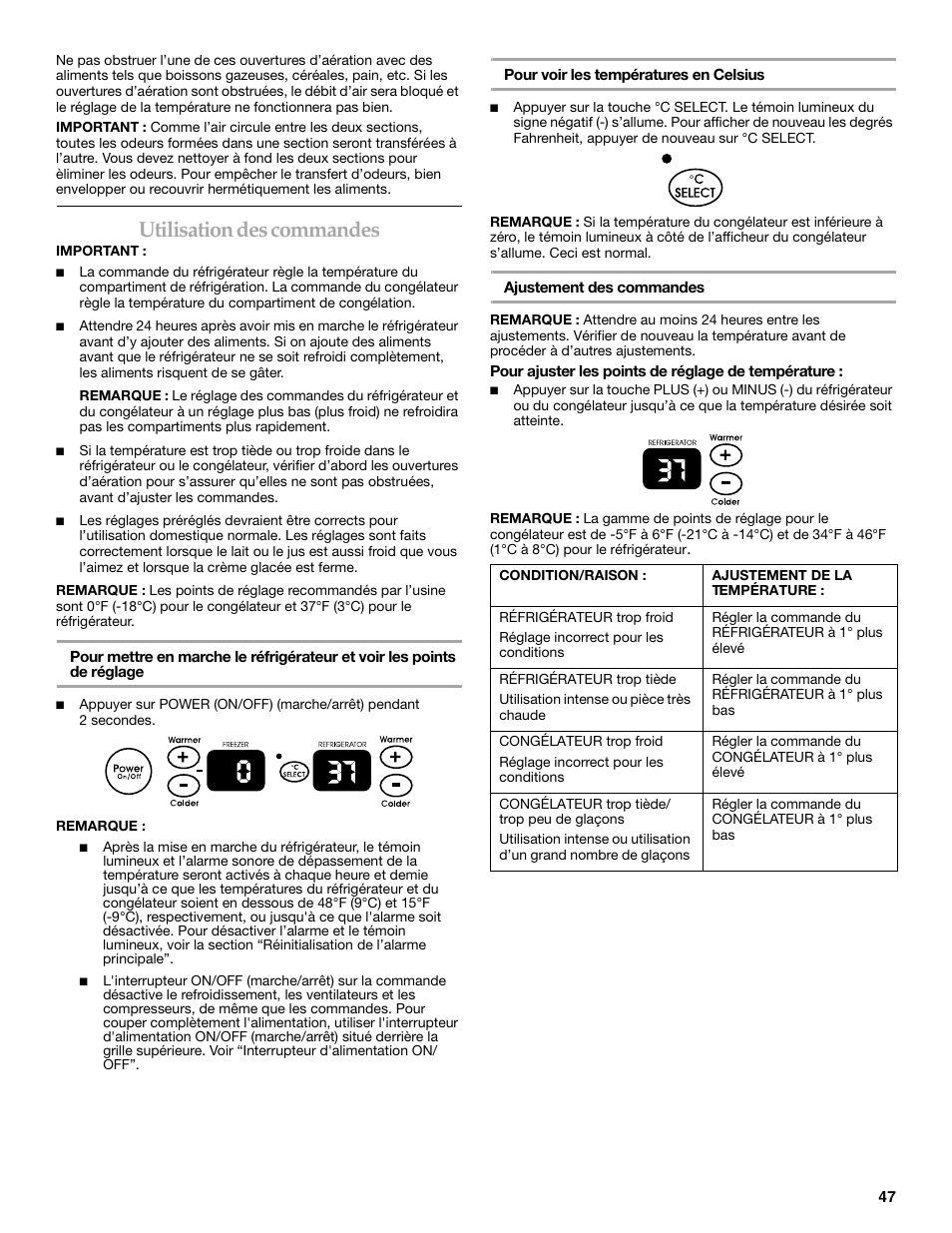 Utilisation des commandes | KITCHENAID BUILT-IN REFRIGERATOR User Manual | Page 47 / 64