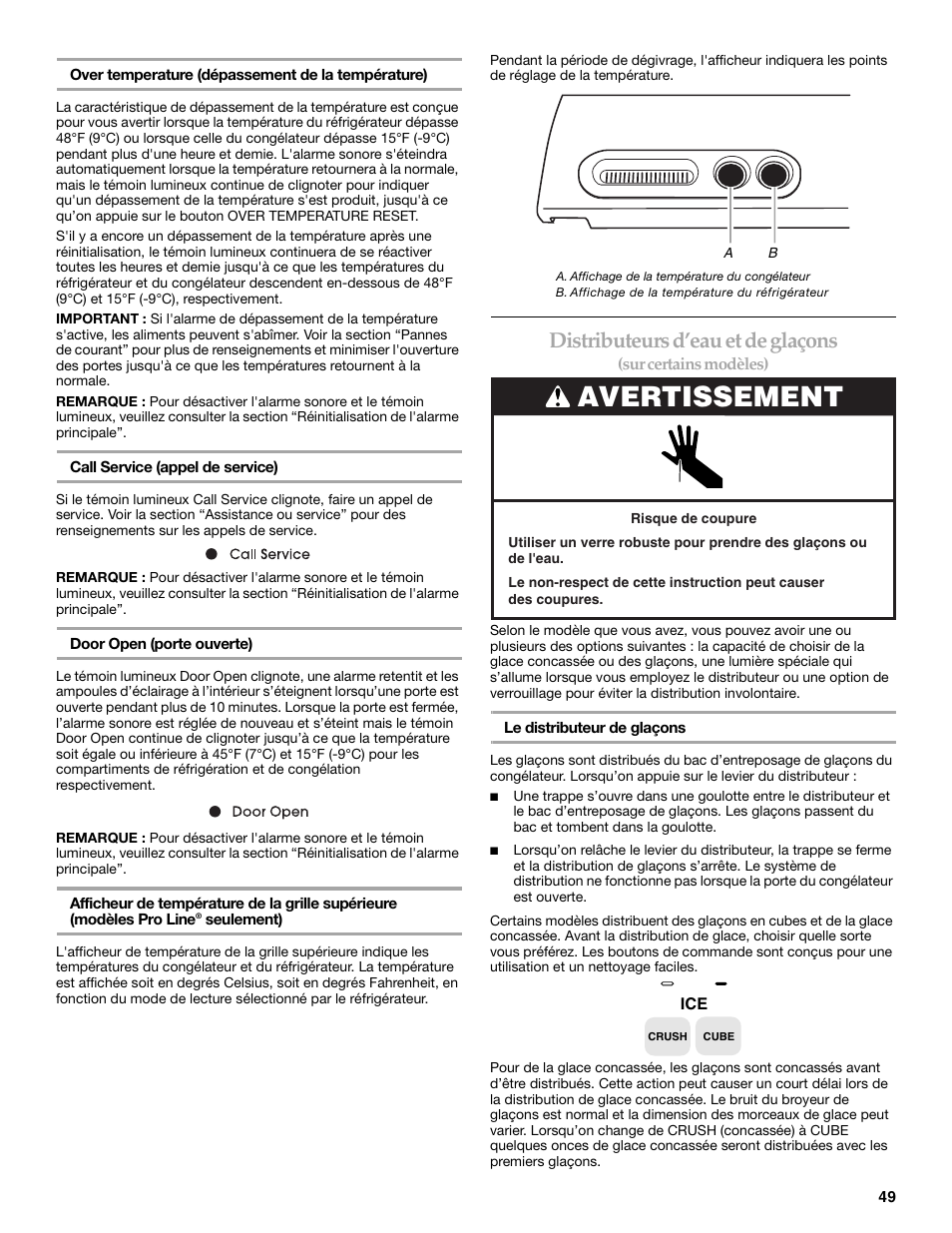 Avertissement, Distributeurs d’eau et de glaçons | KITCHENAID BUILT-IN REFRIGERATOR User Manual | Page 49 / 64