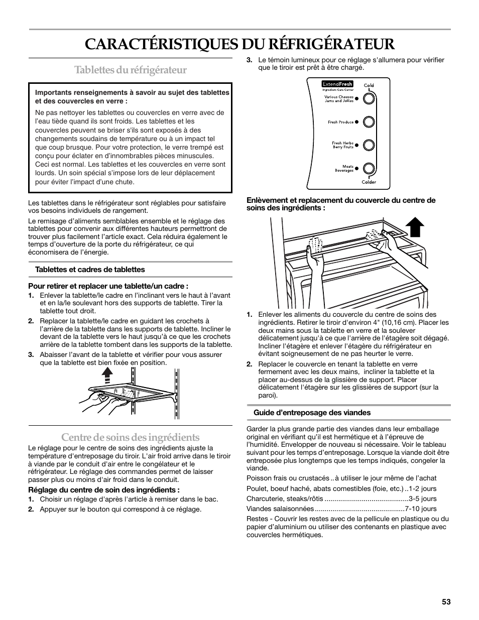 Caractéristiques du réfrigérateur, Tablettes du réfrigérateur, Centre de soins des ingrédients | KITCHENAID BUILT-IN REFRIGERATOR User Manual | Page 53 / 64