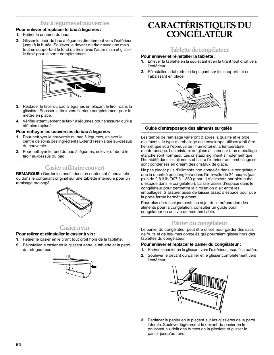 Caractéristiques du congélateur, Bac à légumes et couvercles, Casier utilitaire couvert | Casier à vin, Tablette de congélateur, Panier du congélateur | KITCHENAID BUILT-IN REFRIGERATOR User Manual | Page 54 / 64