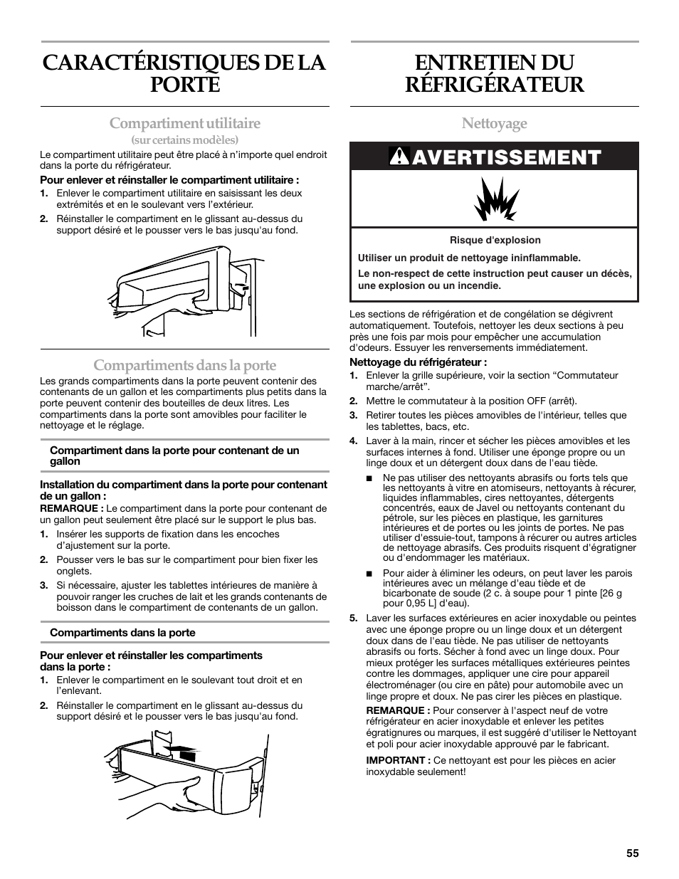 Caractéristiques de la porte, Entretien du réfrigérateur, Avertissement | Compartiment utilitaire, Compartiments dans la porte, Nettoyage | KITCHENAID BUILT-IN REFRIGERATOR User Manual | Page 55 / 64