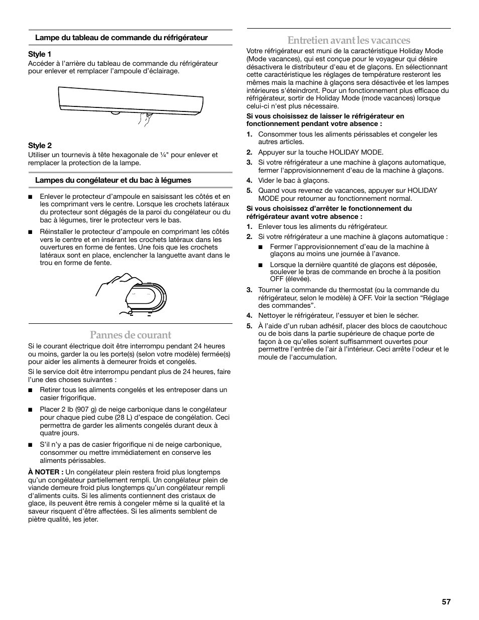 Pannes de courant, Entretien avant les vacances | KITCHENAID BUILT-IN REFRIGERATOR User Manual | Page 57 / 64