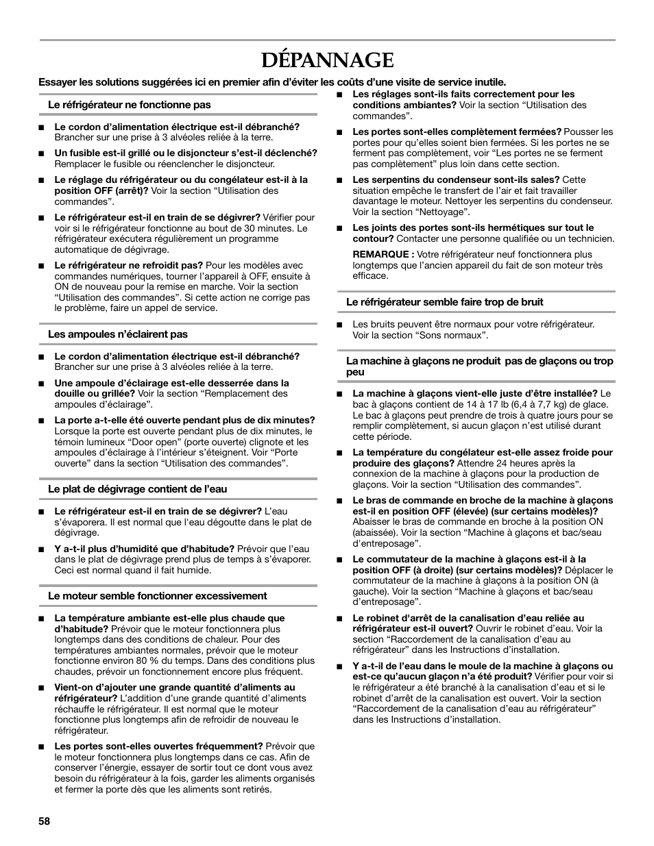 Dépannage | KITCHENAID BUILT-IN REFRIGERATOR User Manual | Page 58 / 64