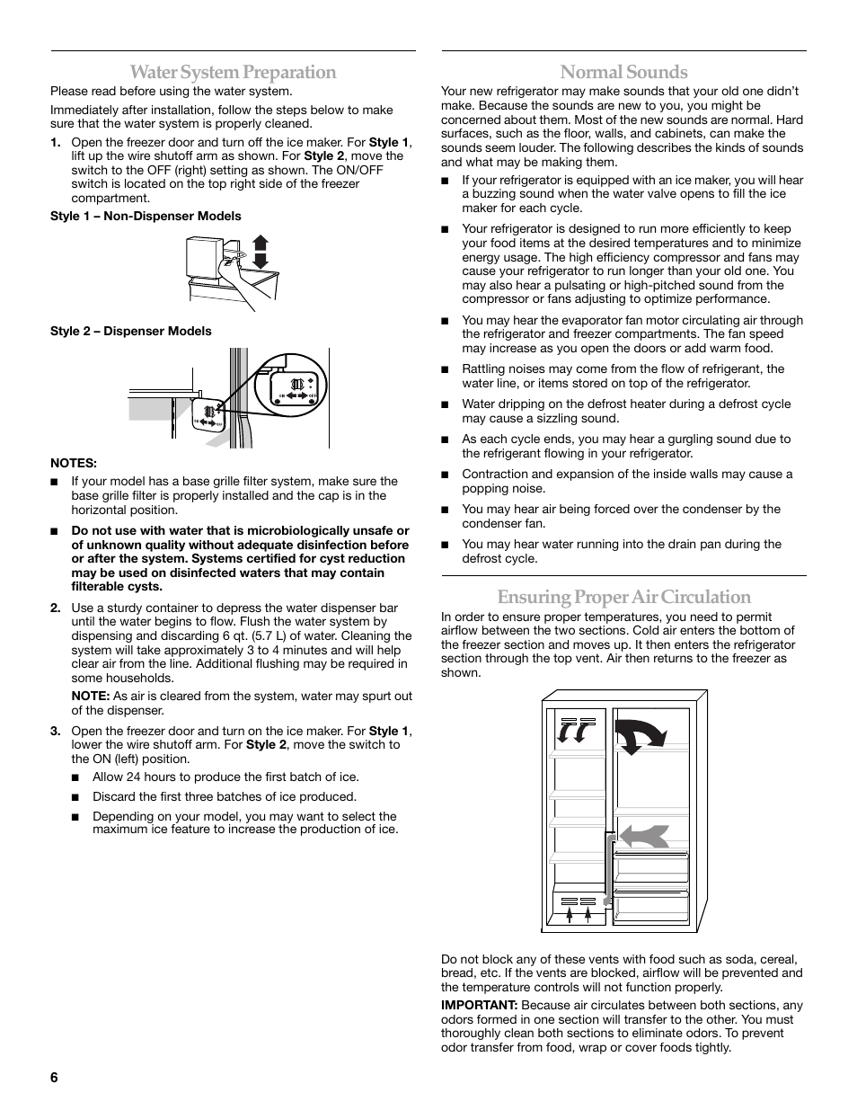 Water system preparation, Normal sounds, Ensuring proper air circulation | KITCHENAID BUILT-IN REFRIGERATOR User Manual | Page 6 / 64