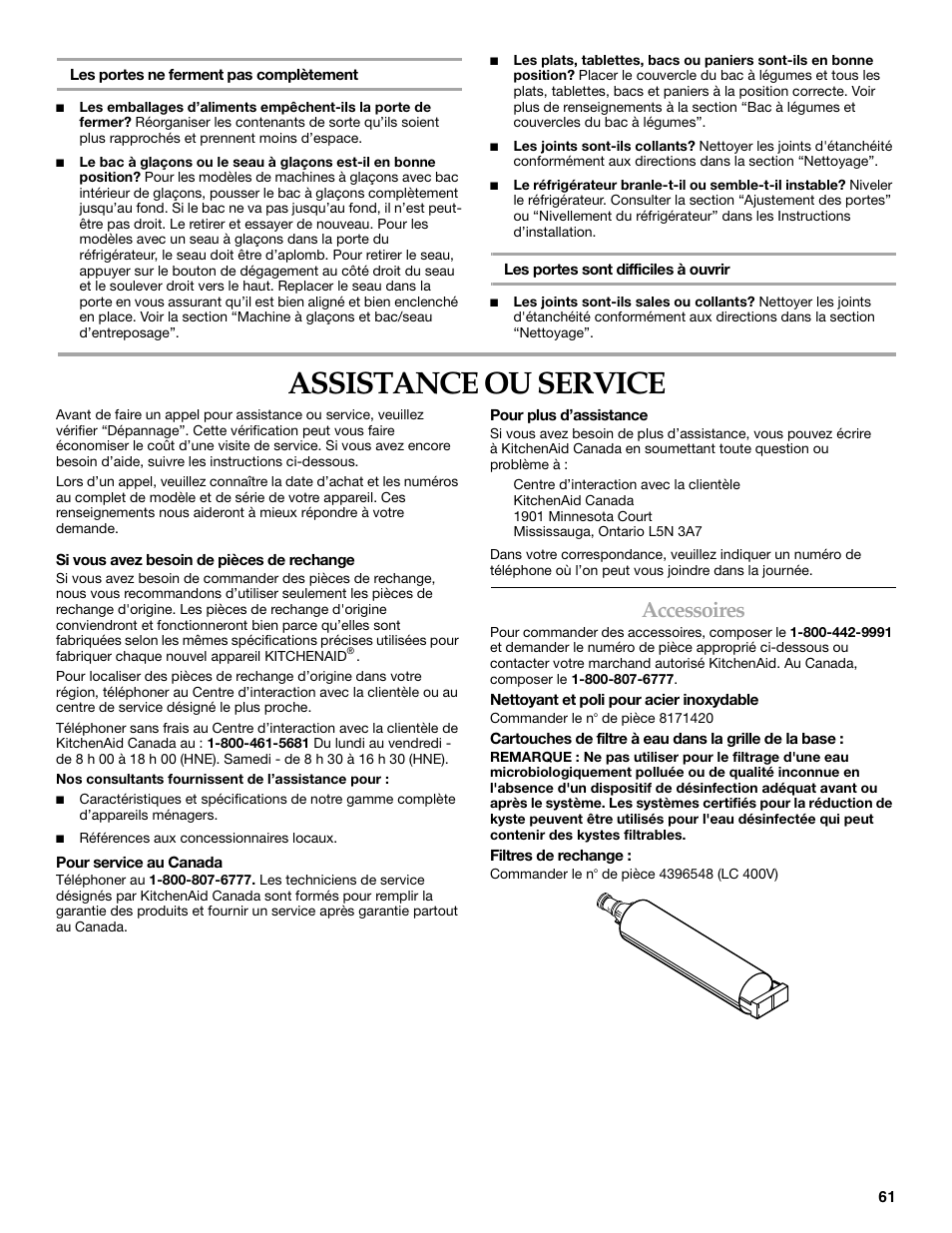 Assistance ou service, Accessoires | KITCHENAID BUILT-IN REFRIGERATOR User Manual | Page 61 / 64