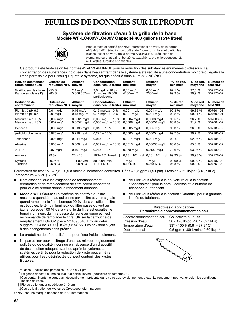 Feuilles de données sur le produit, Système de filtration d’eau à la grille de la base | KITCHENAID BUILT-IN REFRIGERATOR User Manual | Page 62 / 64