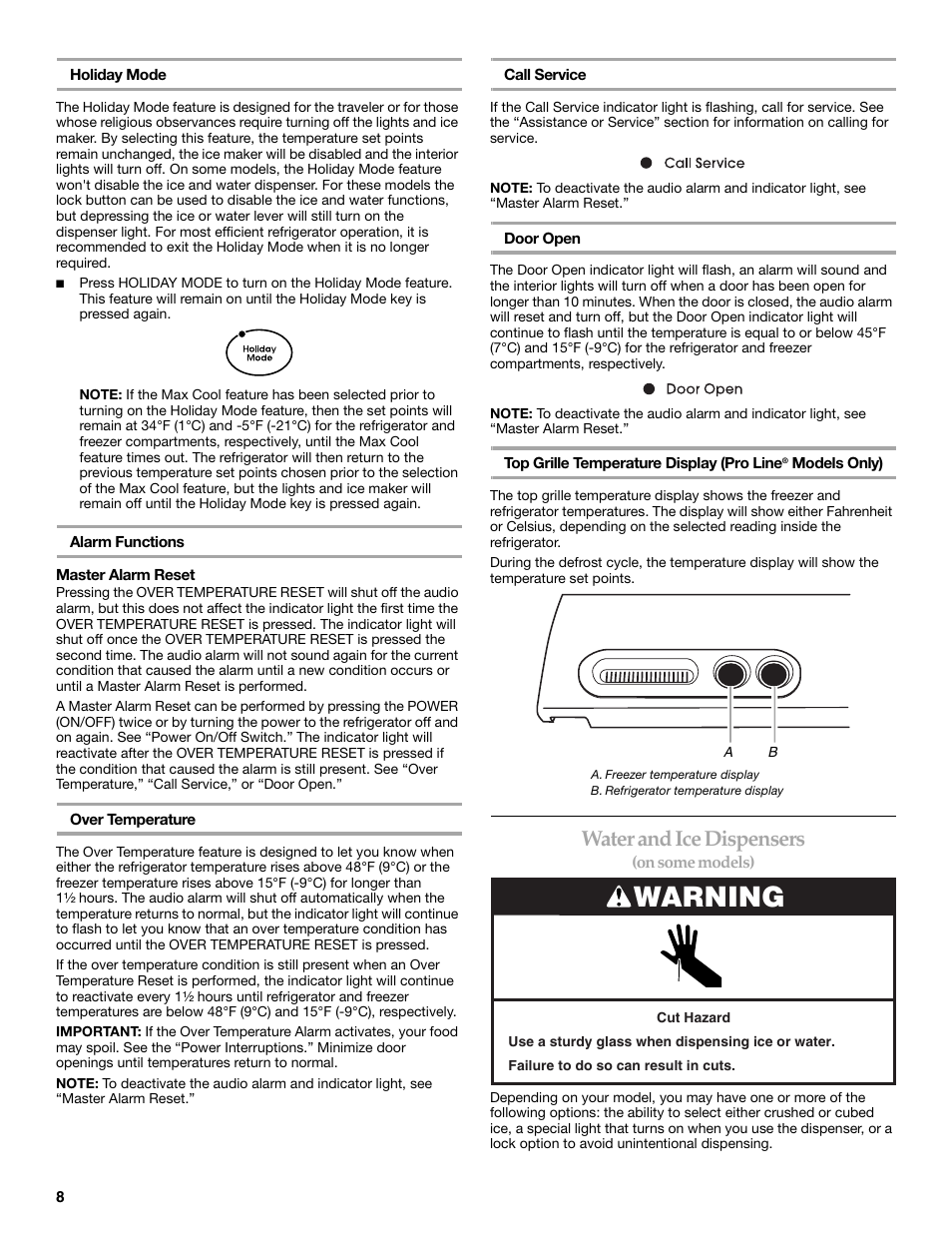 Warning, Water and ice dispensers | KITCHENAID BUILT-IN REFRIGERATOR User Manual | Page 8 / 64