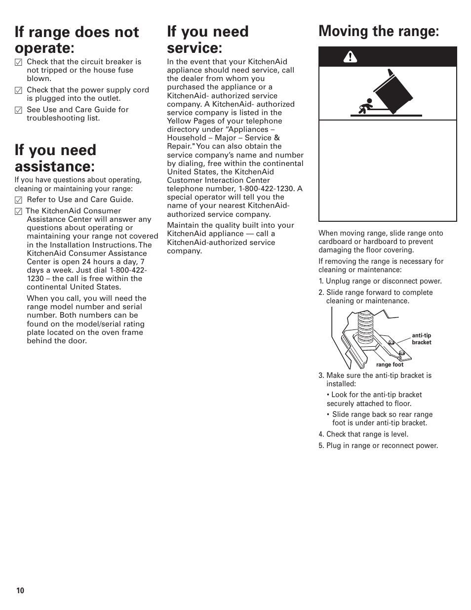 If range does not operate, If you need assistance or service, Moving the range | Warning, If you need assistance, If you need service | KITCHENAID Convection Oven User Manual | Page 10 / 12