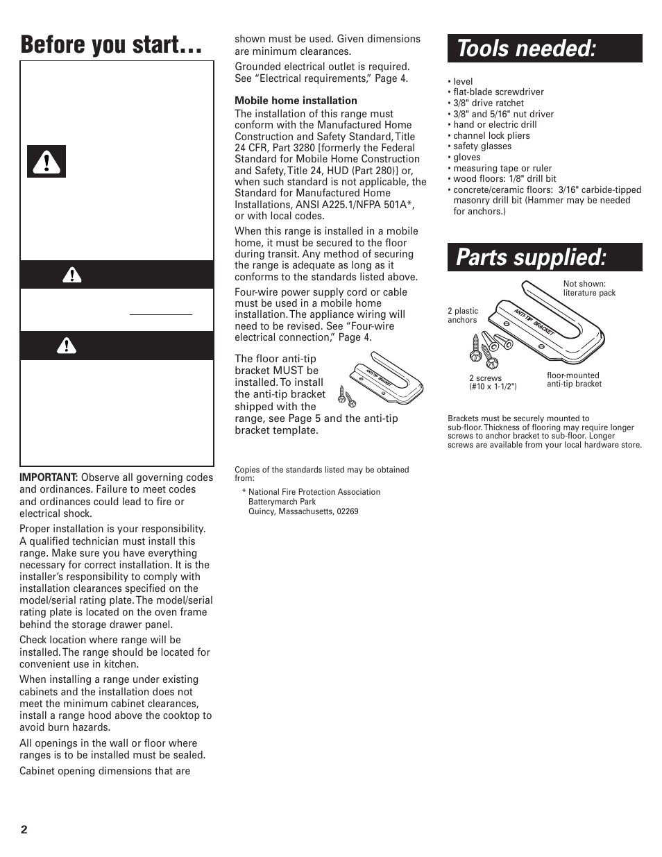 Before you start, Tools needed, Parts supplied | Danger, Warning | KITCHENAID Convection Oven User Manual | Page 2 / 12