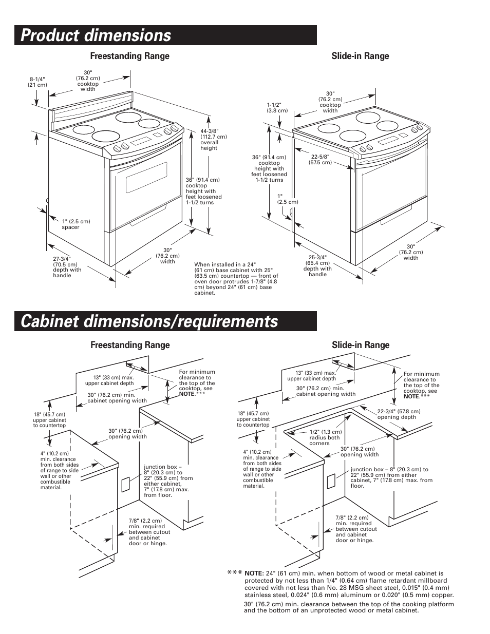 Product dimensions, Cabinet dimensions/requirements, Product dimensions cabinet dimensions/requirements | Freestanding range slide-in range | KITCHENAID Convection Oven User Manual | Page 3 / 12