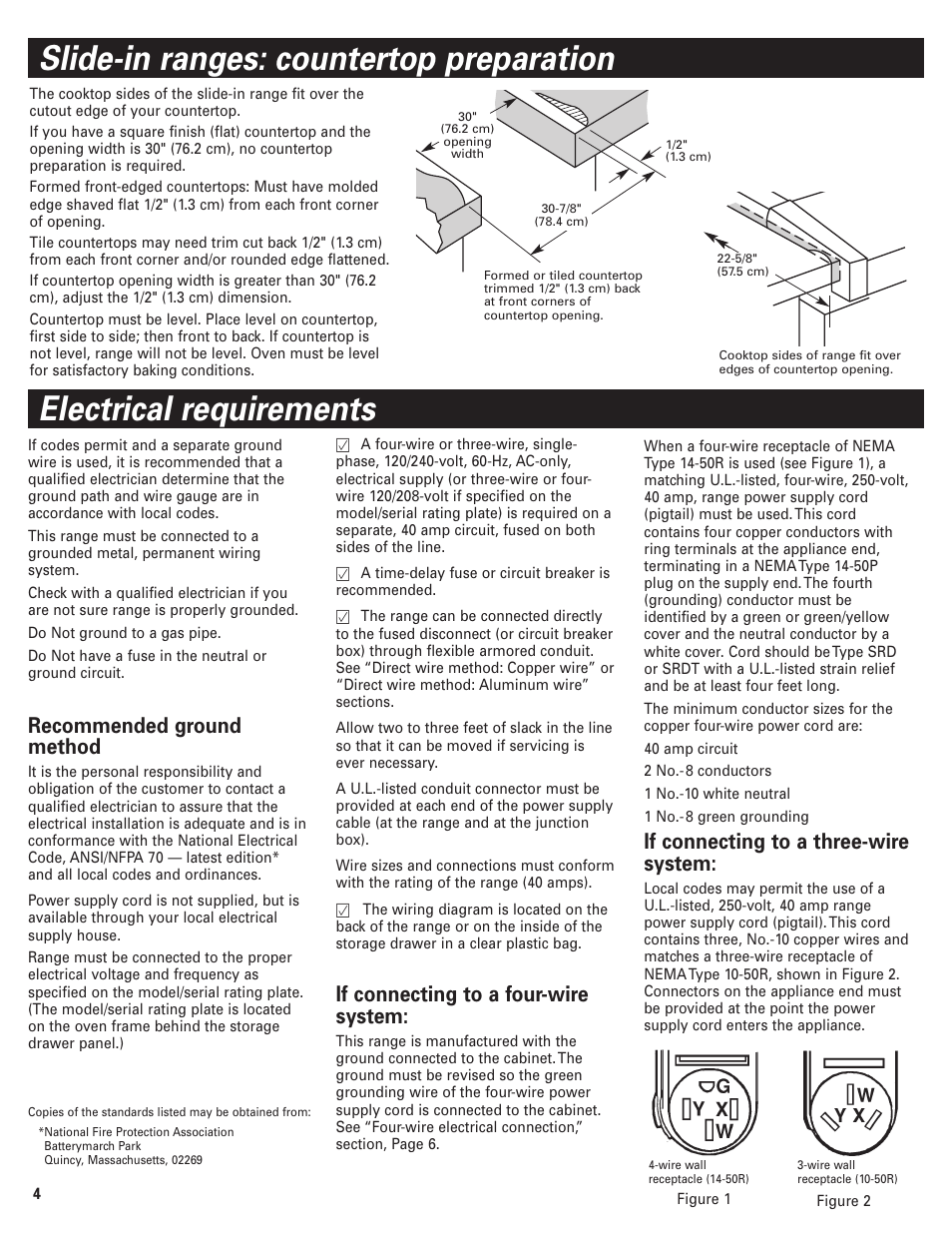 Slide-in ranges: countertop preparation, Electrical requirments, Electrical requirements | If connecting to a four-wire system, If connecting to a three-wire system, Recommended ground method | KITCHENAID Convection Oven User Manual | Page 4 / 12