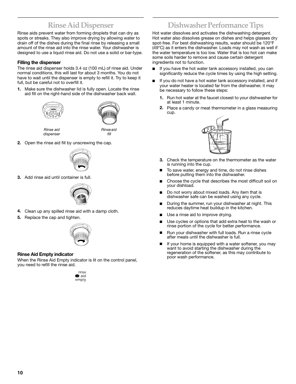 Rinse aid dispenser, Dishwasher performance tips | KITCHENAID KIDS01EK User Manual | Page 10 / 20