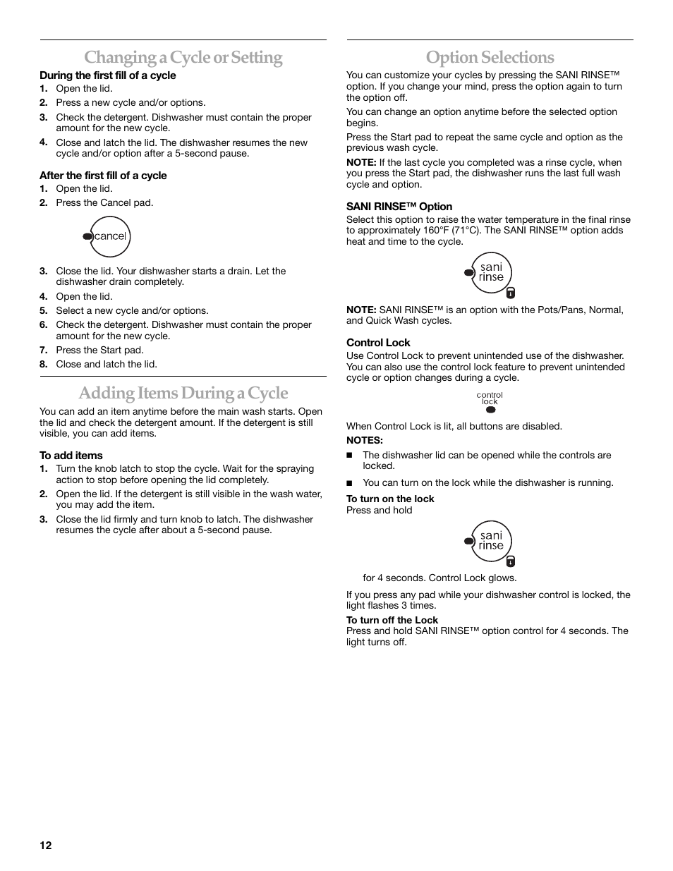 Changing a cycle or setting, Adding items during a cycle, Option selections | KITCHENAID KIDS01EK User Manual | Page 12 / 20