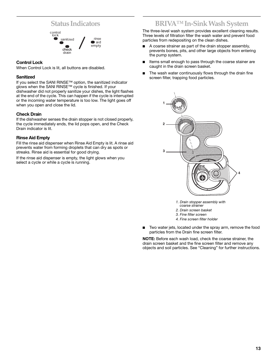 Status indicators, Briva™ in-sink wash system | KITCHENAID KIDS01EK User Manual | Page 13 / 20