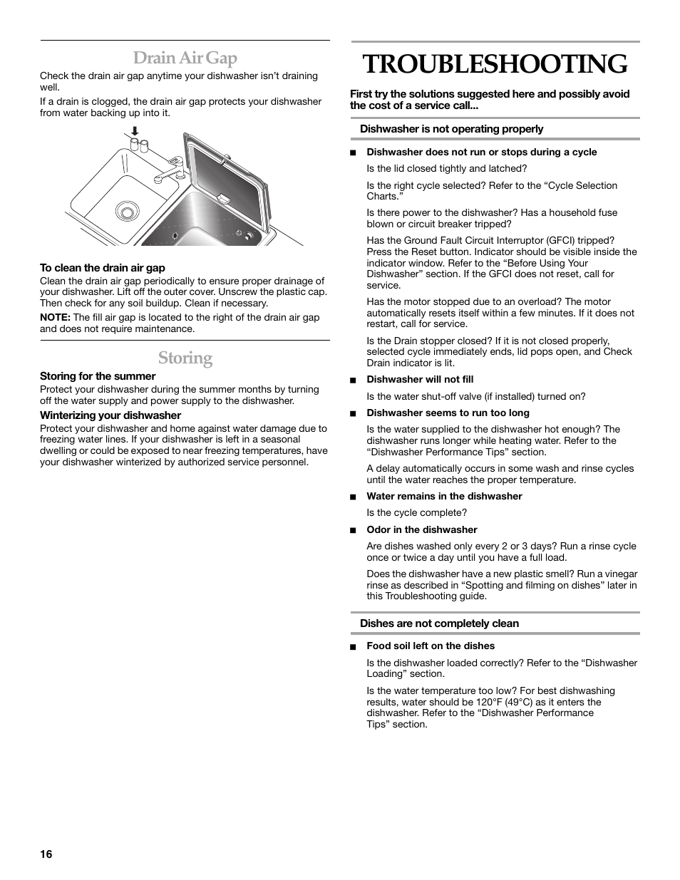 Troubleshooting, Drain air gap, Storing | KITCHENAID KIDS01EK User Manual | Page 16 / 20