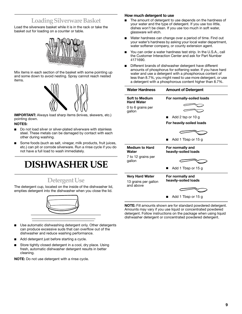 Dishwasher use, Loading silverware basket, Detergent use | KITCHENAID KIDS01EK User Manual | Page 9 / 20