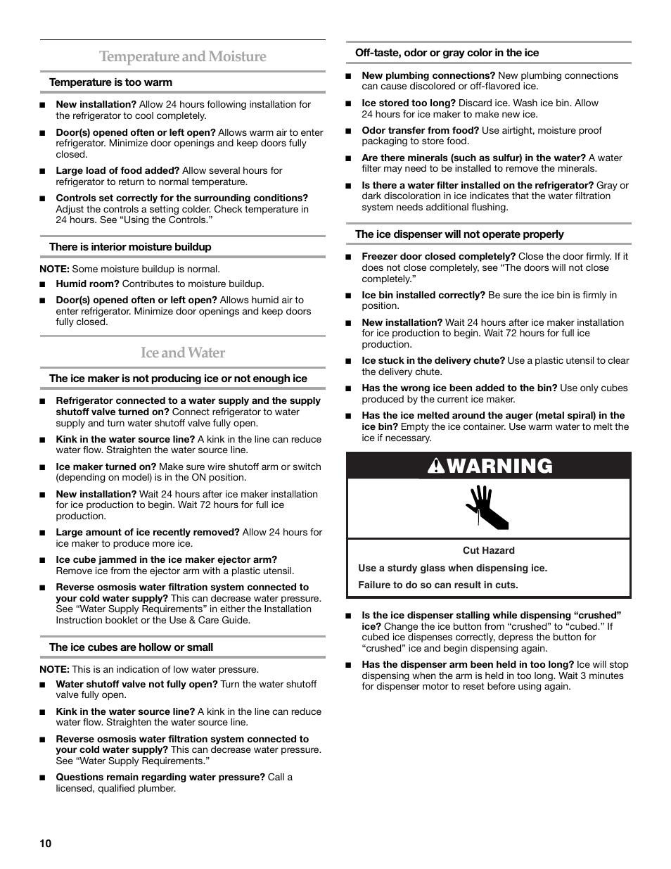 Warning, Temperature and moisture, Ice and water | KITCHENAID T2RFWG2 User Manual | Page 10 / 46