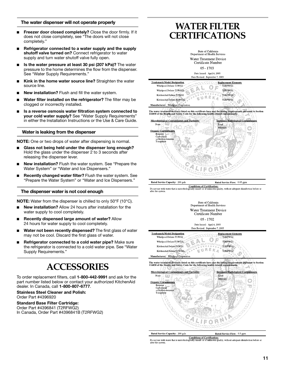 Accessories, Water filter certifications | KITCHENAID T2RFWG2 User Manual | Page 11 / 46