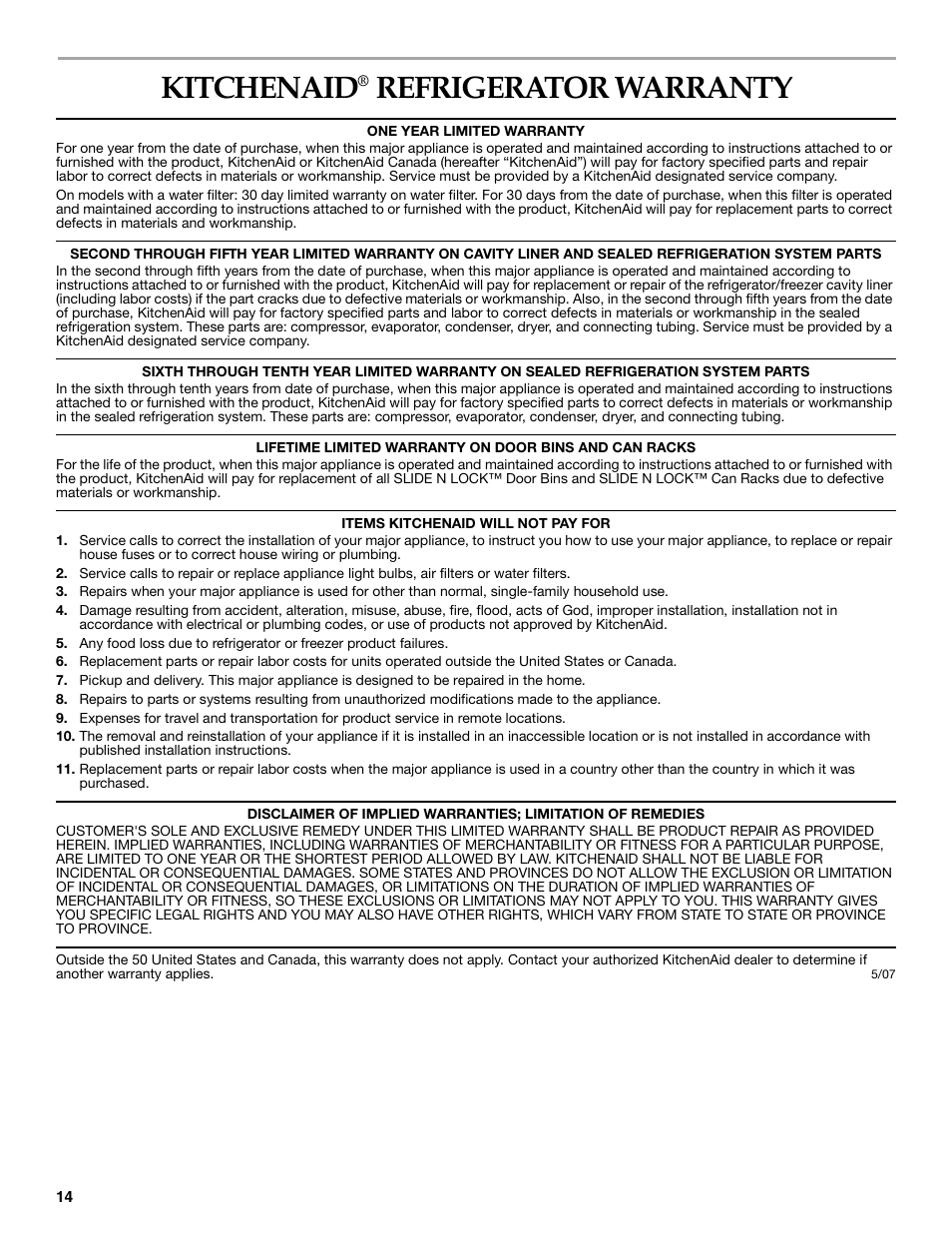Kitchenaid, Refrigerator warranty | KITCHENAID T2RFWG2 User Manual | Page 14 / 46