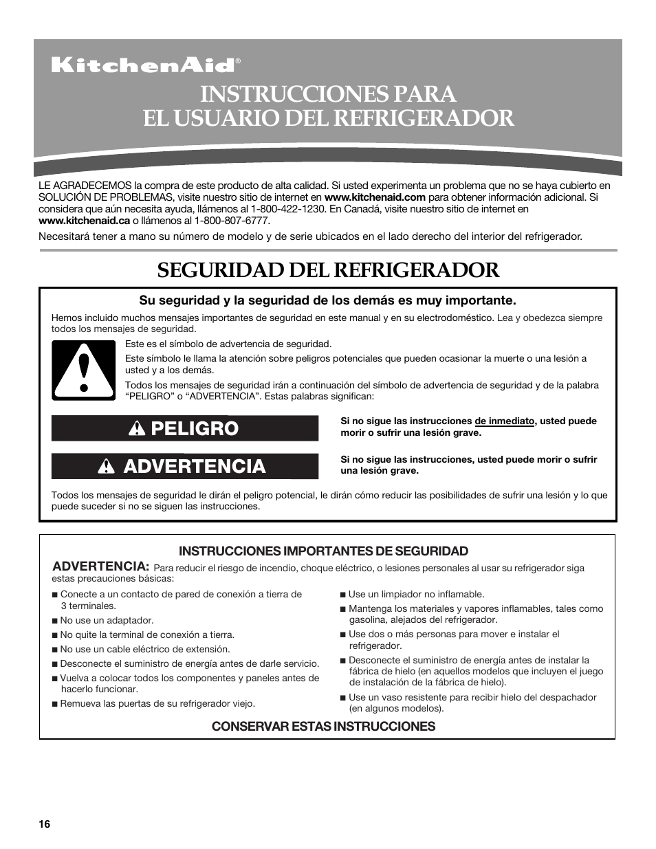 Instrucciones para el usuario del refrigerador, Seguridad del refrigerador, Advertencia peligro | KITCHENAID T2RFWG2 User Manual | Page 16 / 46