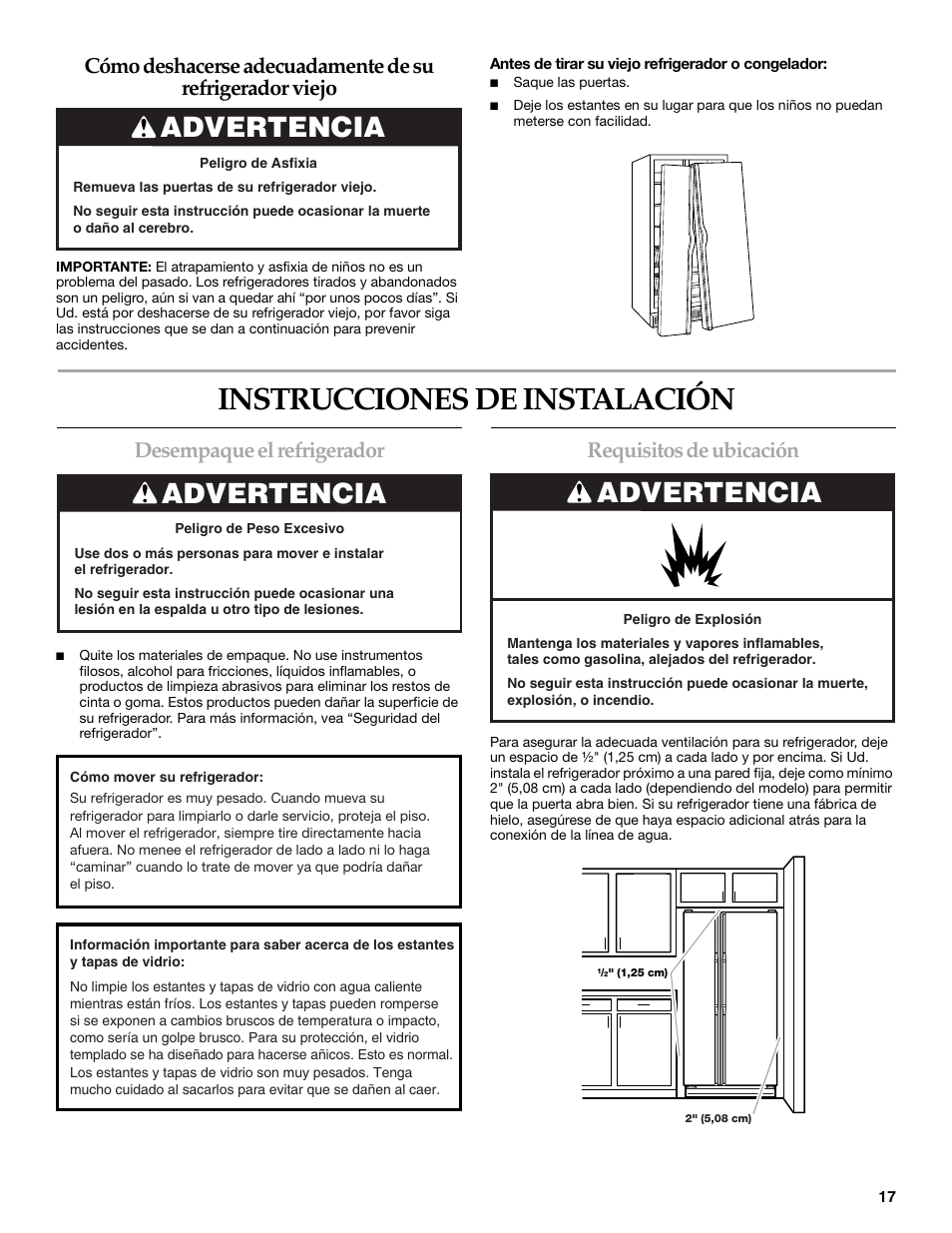 Instrucciones de instalación, Advertencia, Desempaque el refrigerador | Requisitos de ubicación | KITCHENAID T2RFWG2 User Manual | Page 17 / 46