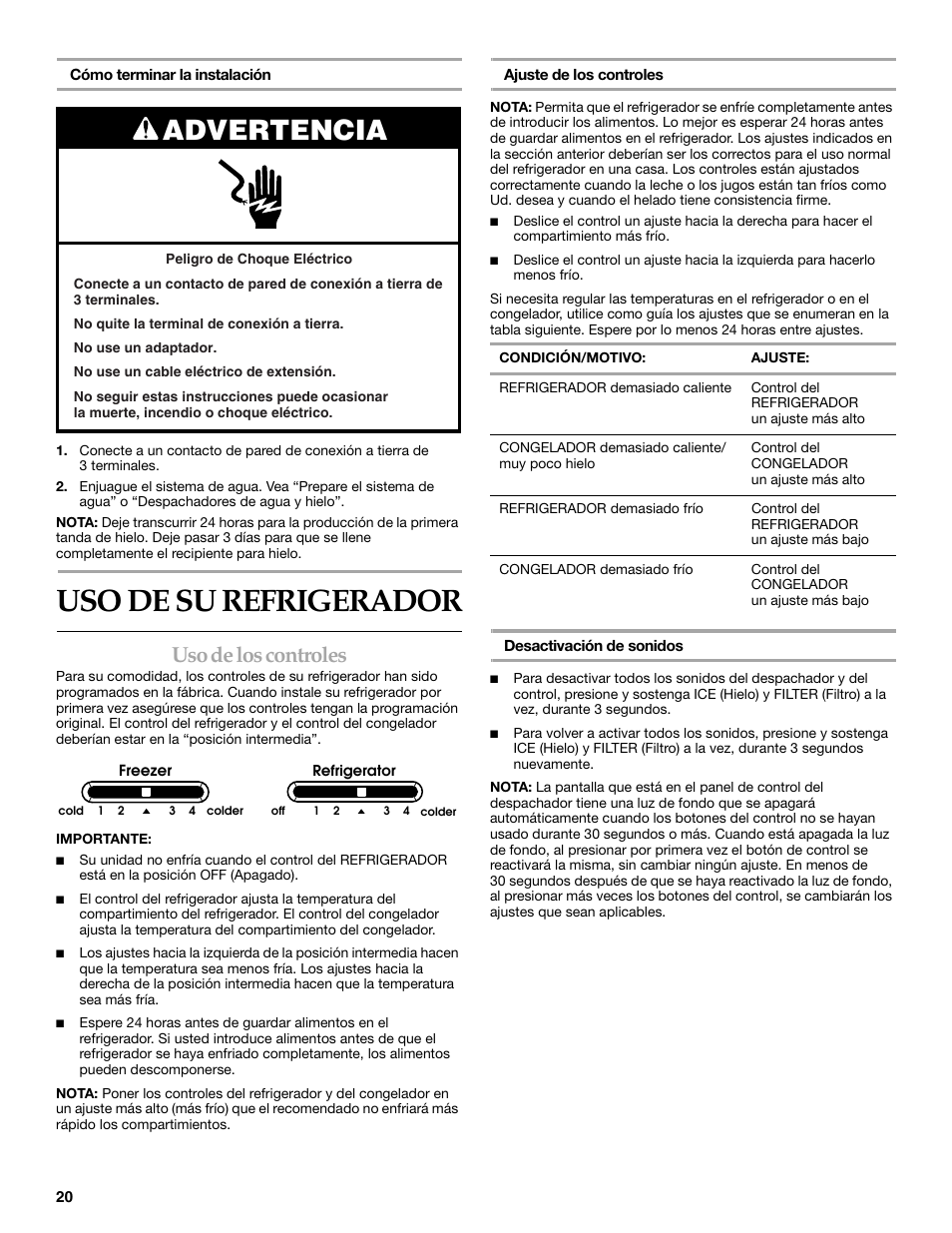 Uso de su refrigerador, Advertencia, Uso de los controles | KITCHENAID T2RFWG2 User Manual | Page 20 / 46