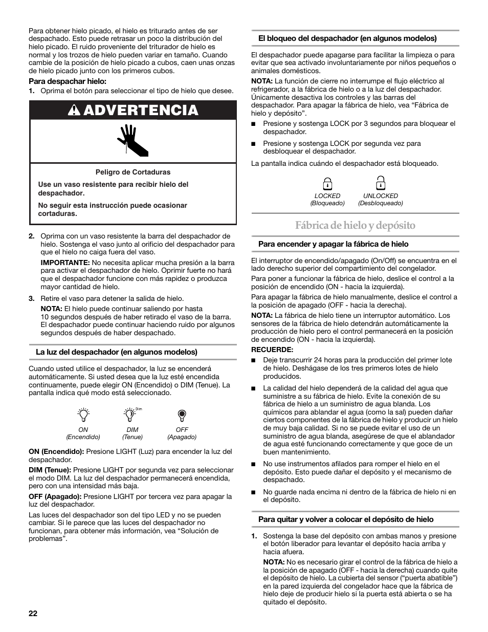 Advertencia, Fábrica de hielo y depósito | KITCHENAID T2RFWG2 User Manual | Page 22 / 46