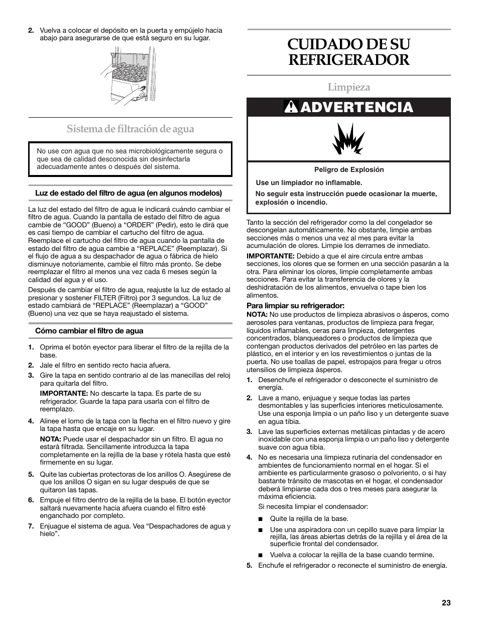 Cuidado de su refrigerador, Advertencia, Sistema de filtración de agua | Limpieza | KITCHENAID T2RFWG2 User Manual | Page 23 / 46