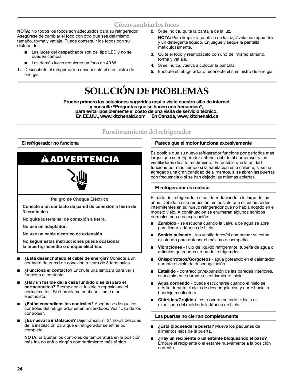 Solución de problemas, Advertencia, Cómo cambiar los focos | Funcionamiento del refrigerador | KITCHENAID T2RFWG2 User Manual | Page 24 / 46