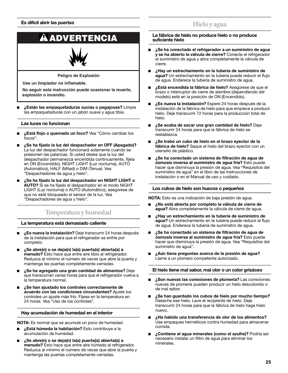 Advertencia, Temperatura y humedad, Hielo y agua | KITCHENAID T2RFWG2 User Manual | Page 25 / 46