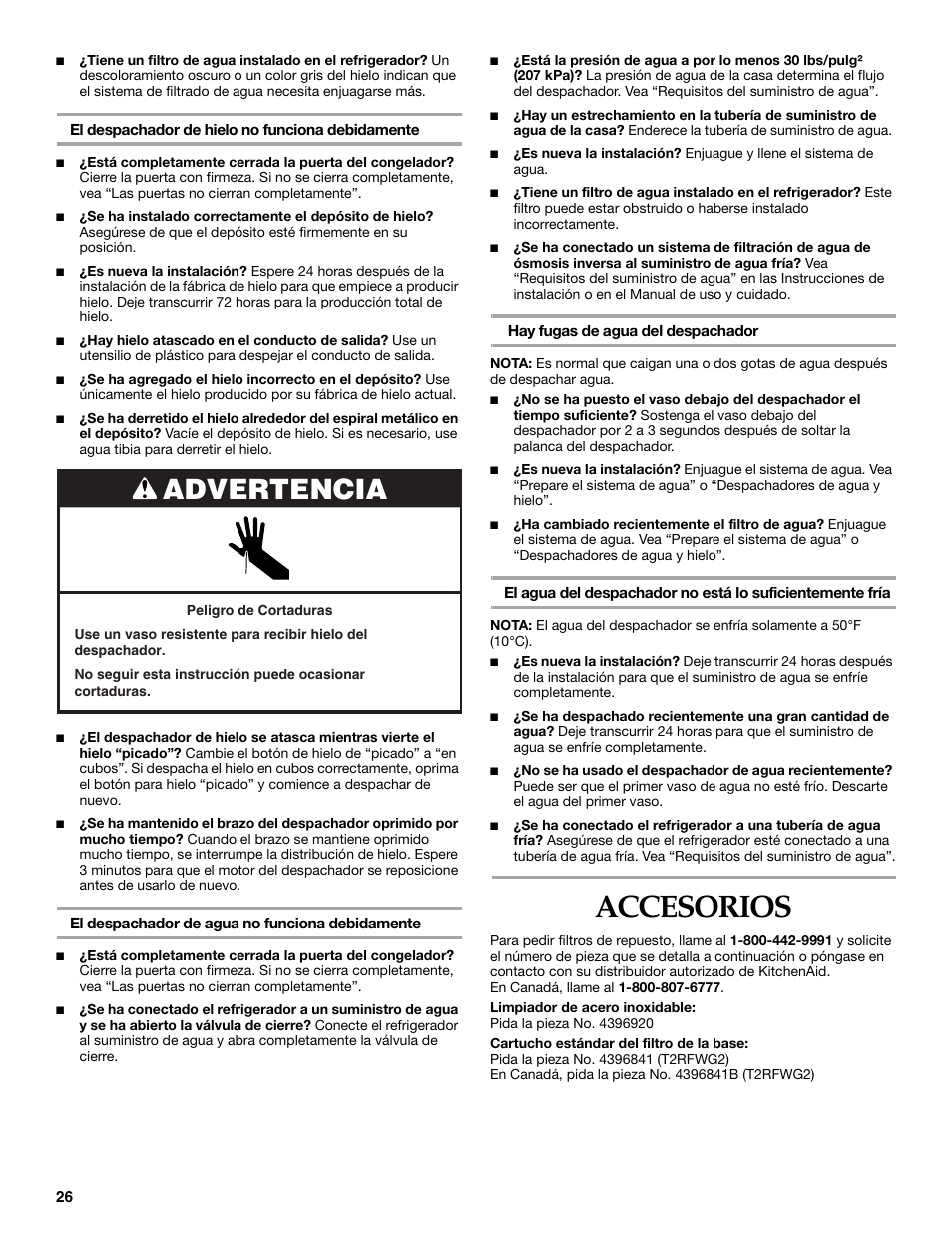 Accesorios, Advertencia | KITCHENAID T2RFWG2 User Manual | Page 26 / 46