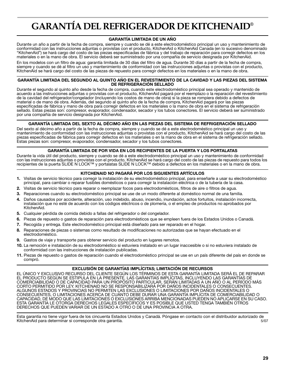 Garantía del refrigerador de kitchenaid | KITCHENAID T2RFWG2 User Manual | Page 29 / 46