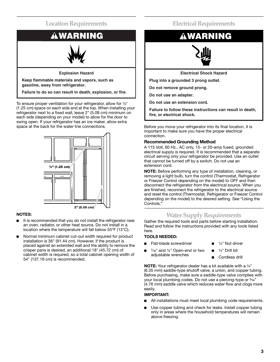 Warning, Location requirements, Electrical requirements | Water supply requirements | KITCHENAID T2RFWG2 User Manual | Page 3 / 46