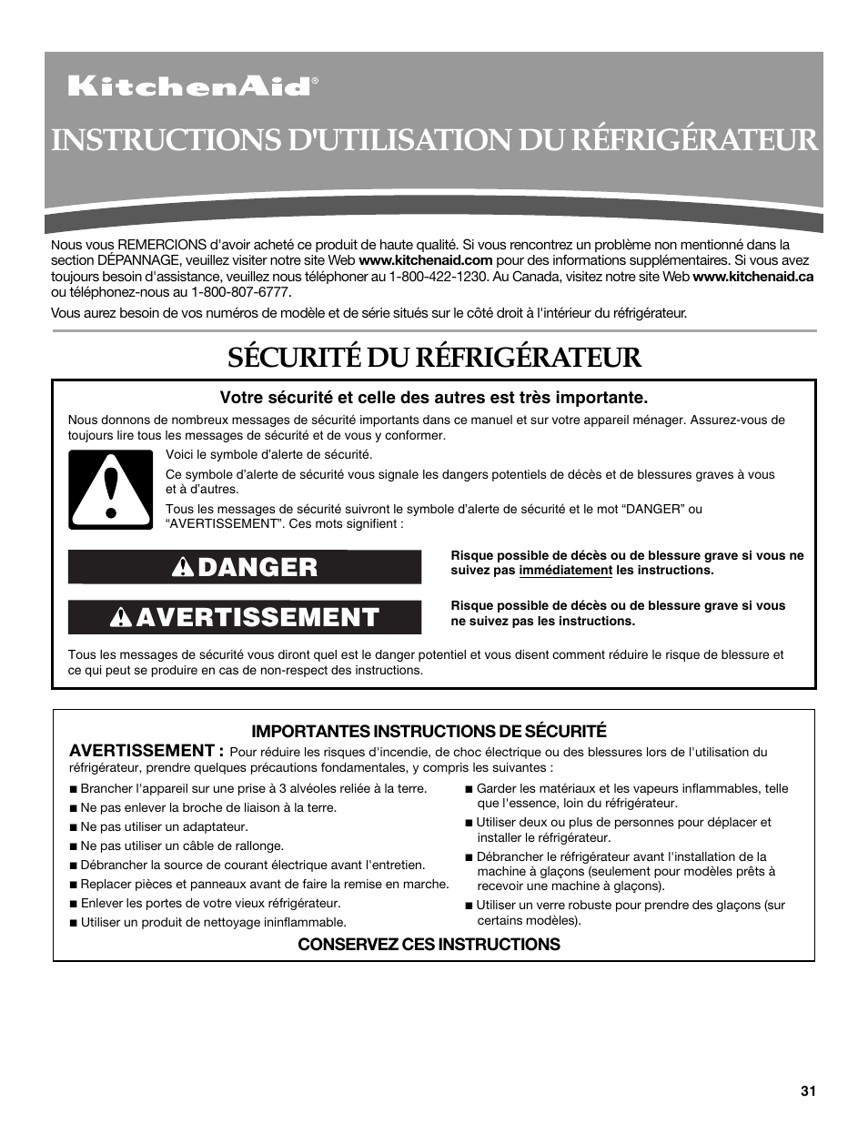 Instructions d'utilisation du réfrigérateur, Sécurité du réfrigérateur, Avertissement danger | KITCHENAID T2RFWG2 User Manual | Page 31 / 46