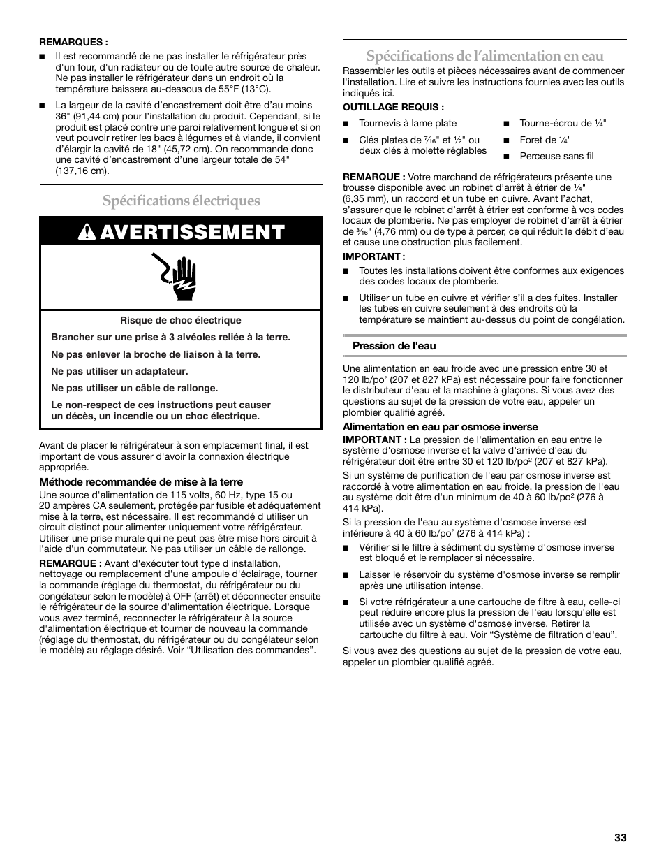 Avertissement, Spécifications électriques, Spécifications de l’alimentation en eau | KITCHENAID T2RFWG2 User Manual | Page 33 / 46