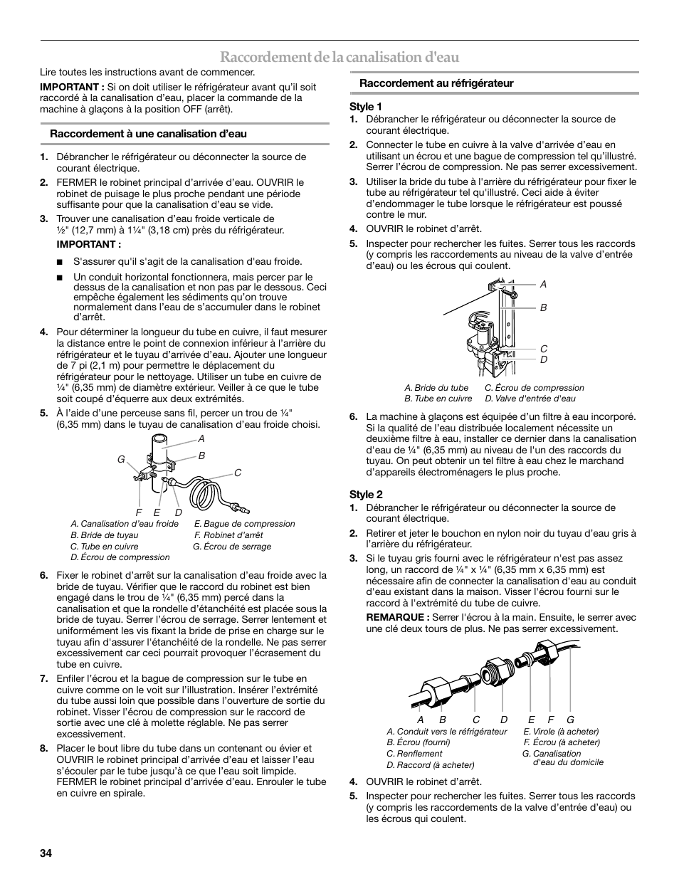 Raccordement de la canalisation d'eau | KITCHENAID T2RFWG2 User Manual | Page 34 / 46