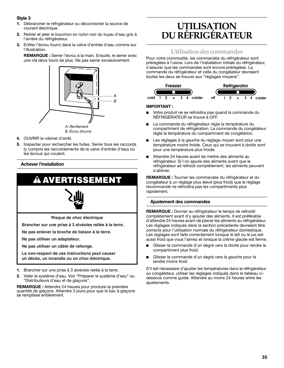 Utilisation du réfrigérateur, Avertissement, Utilisation des commandes | KITCHENAID T2RFWG2 User Manual | Page 35 / 46