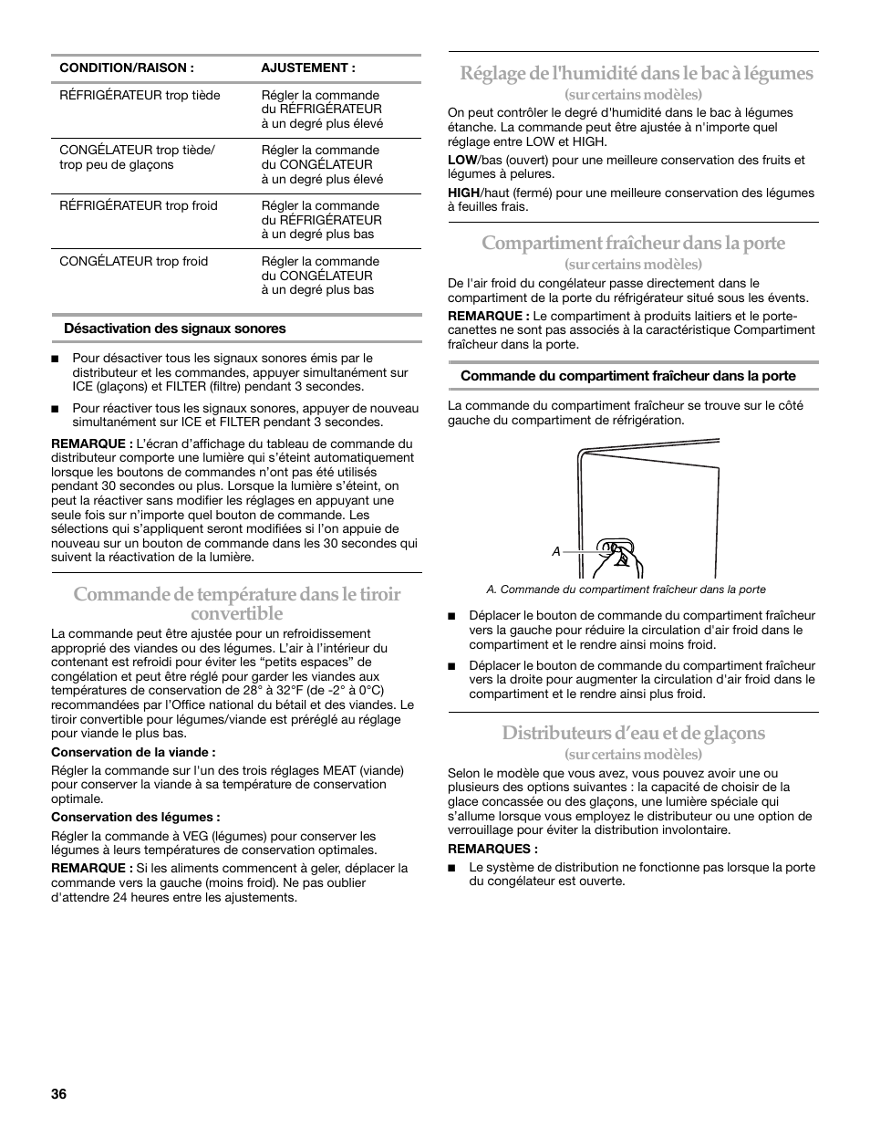 Commande de température dans le tiroir convertible, Réglage de l'humidité dans le bac à légumes, Compartiment fraîcheur dans la porte | Distributeurs d’eau et de glaçons | KITCHENAID T2RFWG2 User Manual | Page 36 / 46