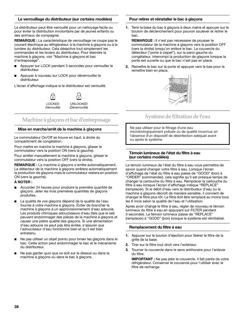 Machine à glaçons et bac d'entreposage, Système de filtration de l'eau | KITCHENAID T2RFWG2 User Manual | Page 38 / 46