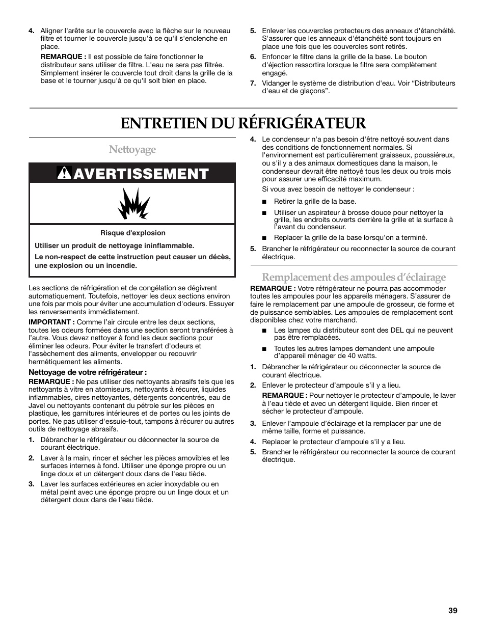 Entretien du réfrigérateur, Avertissement, Nettoyage | Remplacement des ampoules d’éclairage | KITCHENAID T2RFWG2 User Manual | Page 39 / 46