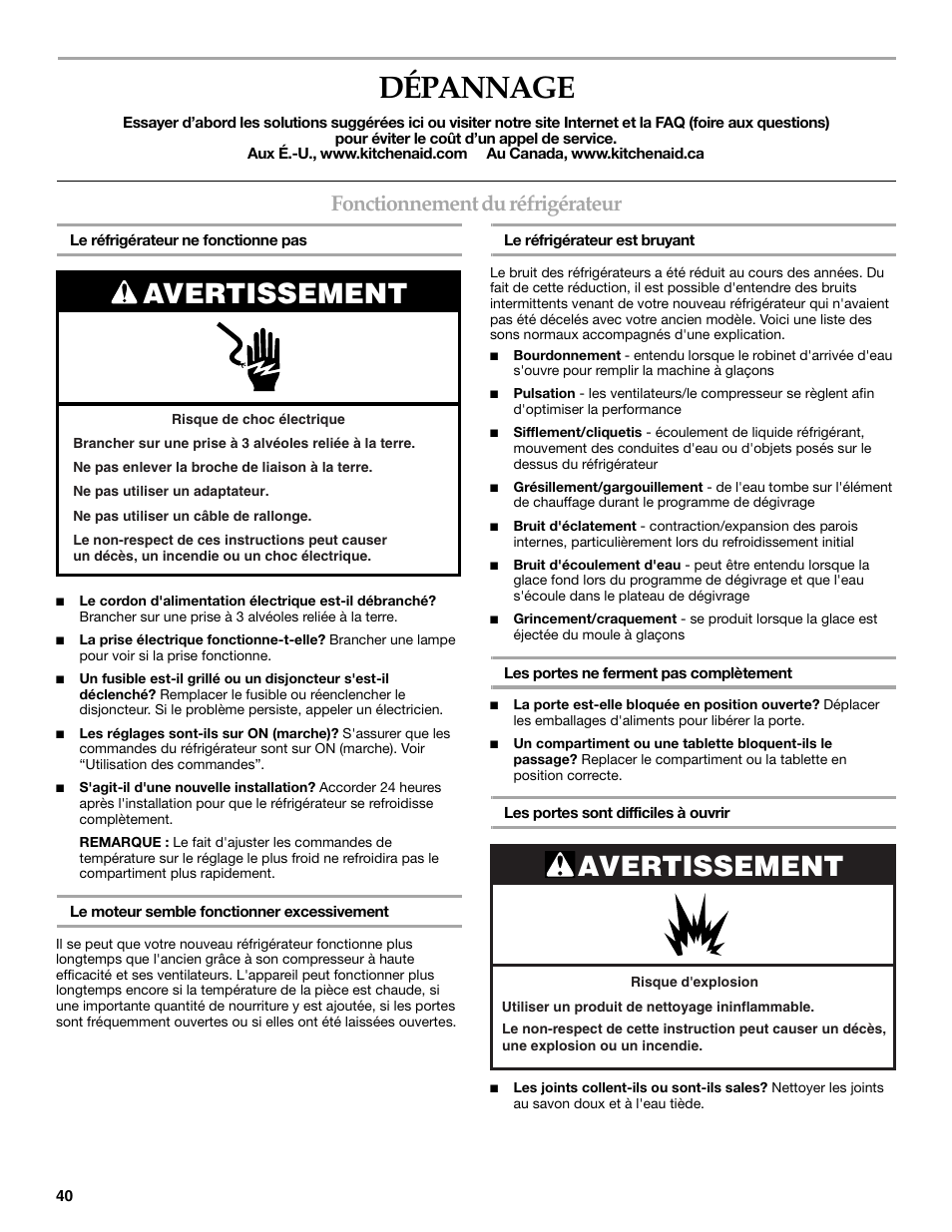 Dépannage, Avertissement, Fonctionnement du réfrigérateur | KITCHENAID T2RFWG2 User Manual | Page 40 / 46