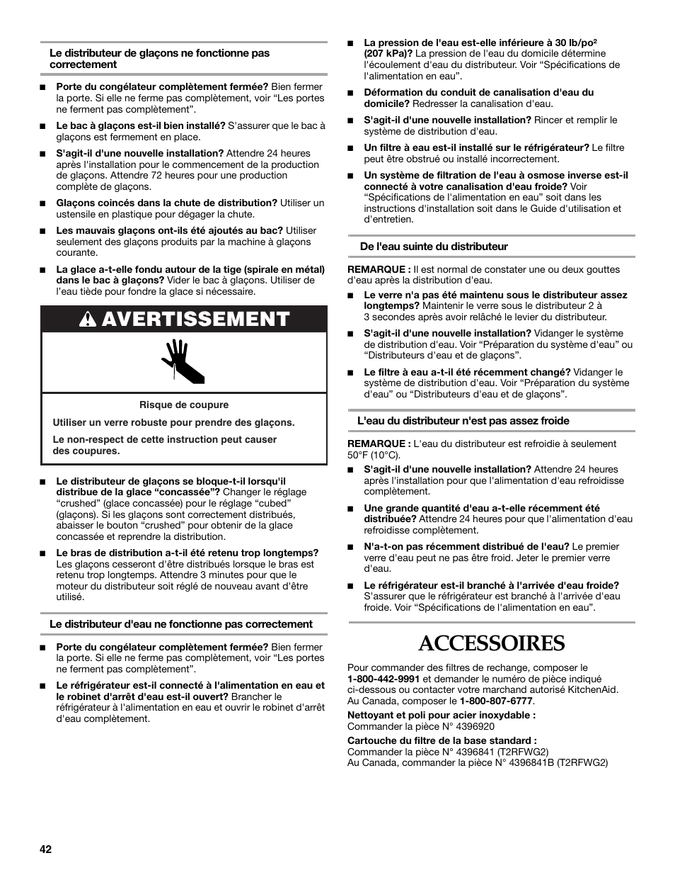 Accessoires, Avertissement | KITCHENAID T2RFWG2 User Manual | Page 42 / 46