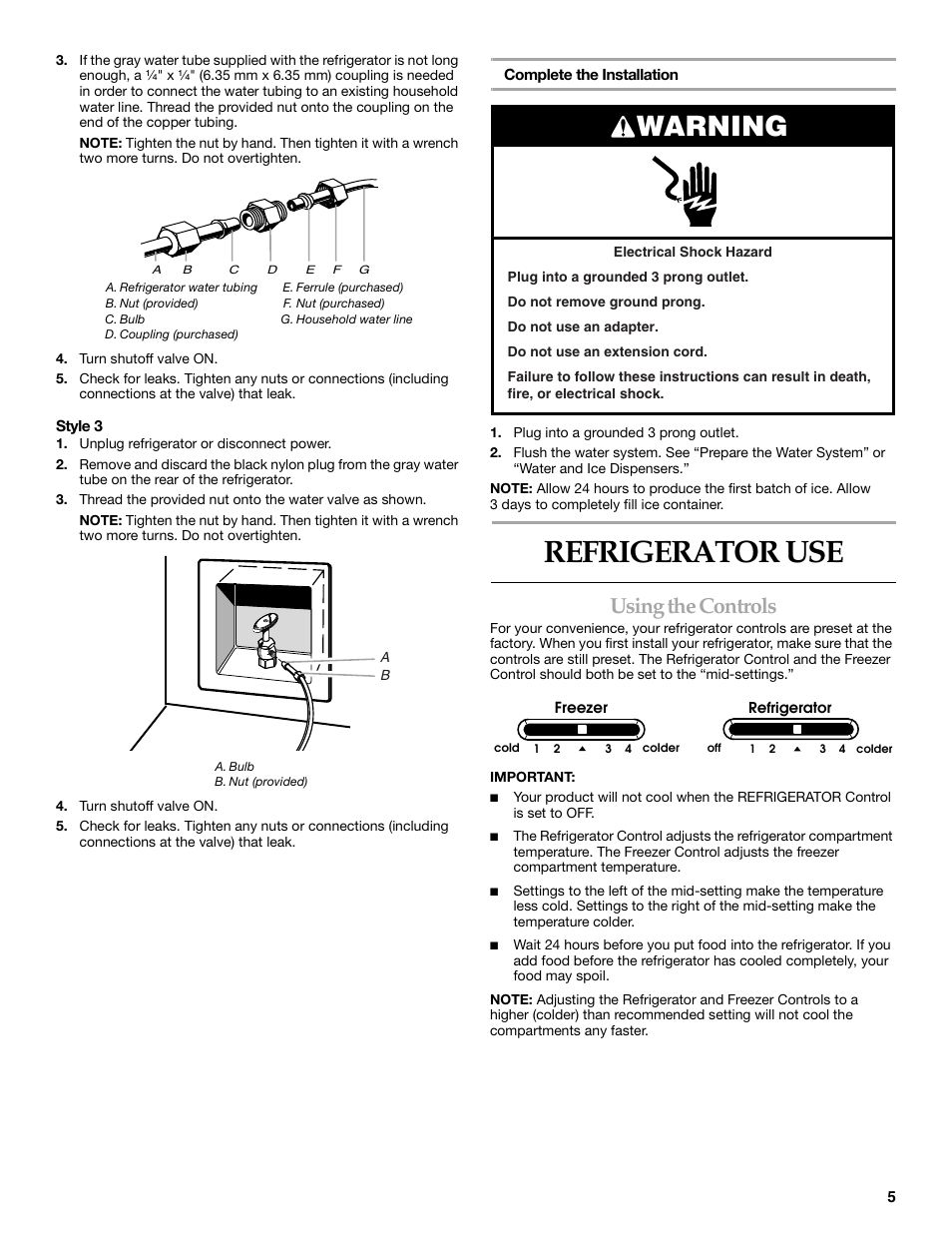 Refrigerator use, Warning, Using the controls | KITCHENAID T2RFWG2 User Manual | Page 5 / 46