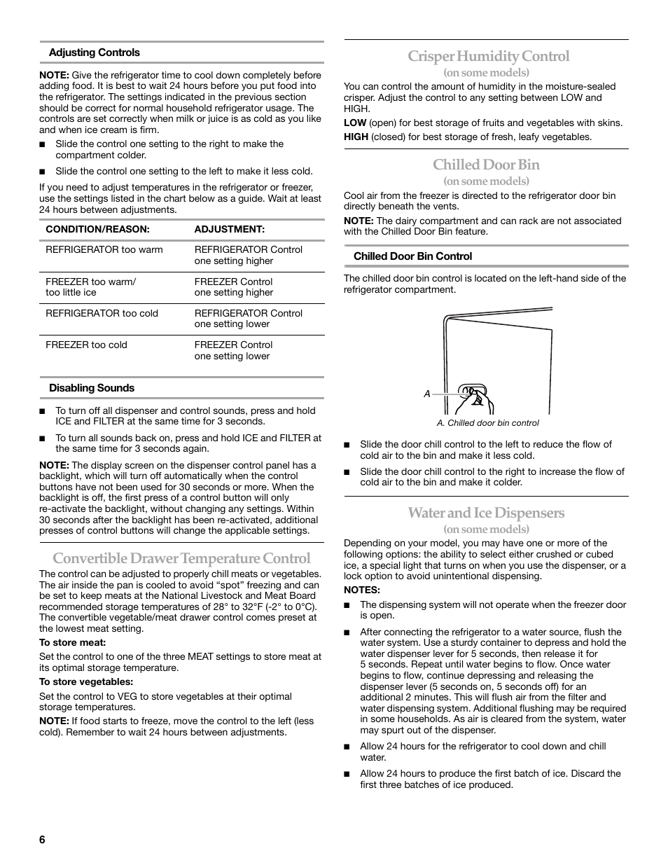 Convertible drawer temperature control, Crisper humidity control, Chilled door bin | Water and ice dispensers | KITCHENAID T2RFWG2 User Manual | Page 6 / 46