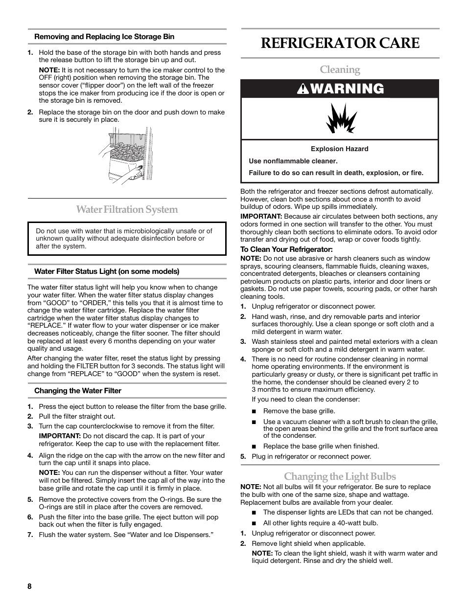 Refrigerator care, Warning, Water filtration system | Cleaning, Changing the light bulbs | KITCHENAID T2RFWG2 User Manual | Page 8 / 46
