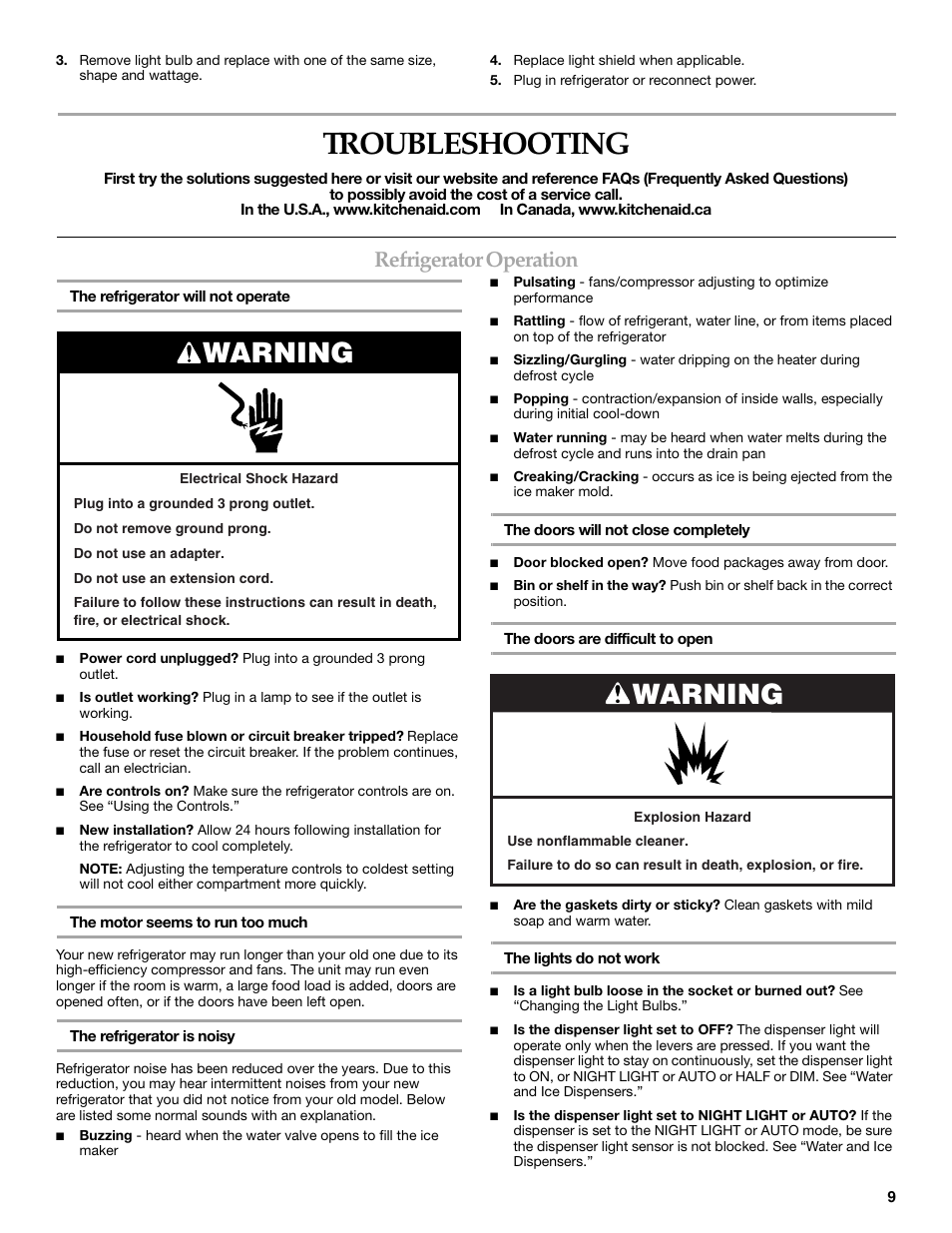 Troubleshooting, Warning, Refrigerator operation | KITCHENAID T2RFWG2 User Manual | Page 9 / 46